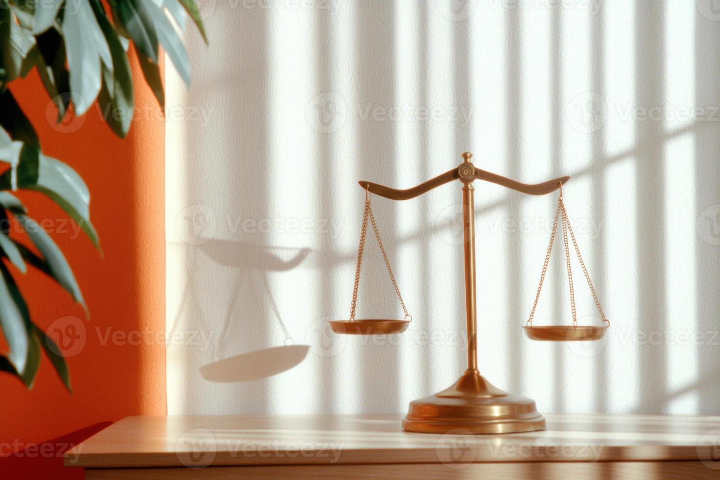 Illuminated judges bench with gavel and scales of justice conveying fairness and authority in serene setting photo