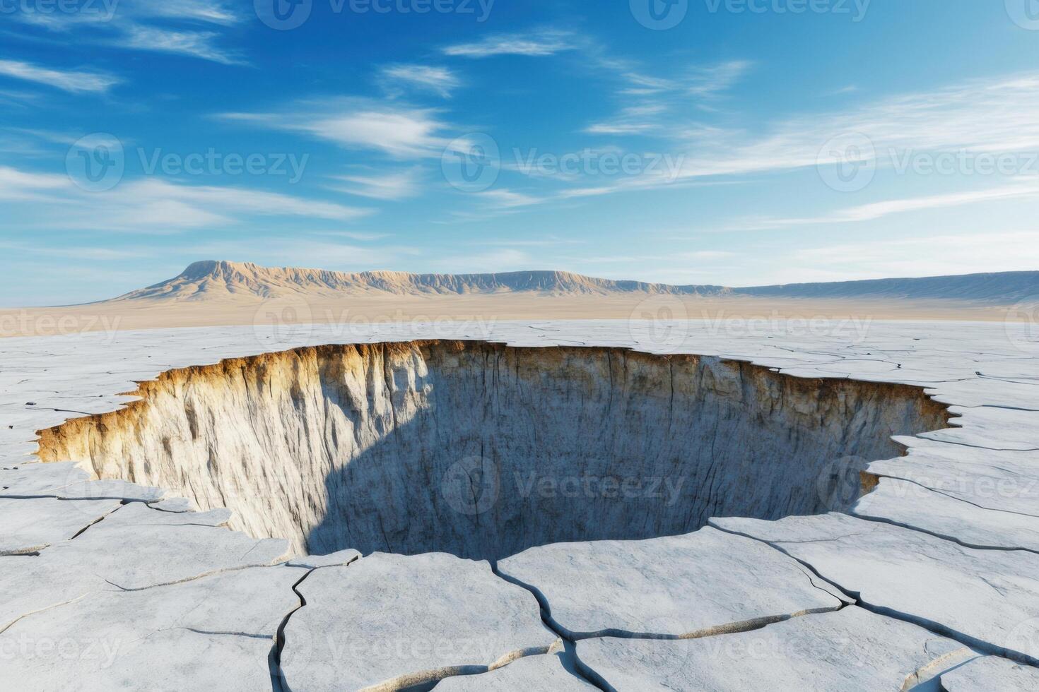 Dormant volcano with cracked caldera in arid desert landscape showcasing realistic geological features under clear blue sky photo