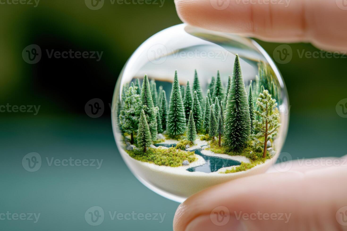 Captivating microcosm within a glass orb featuring a detailed forest ecosystem with miniature trees and a serene river photo