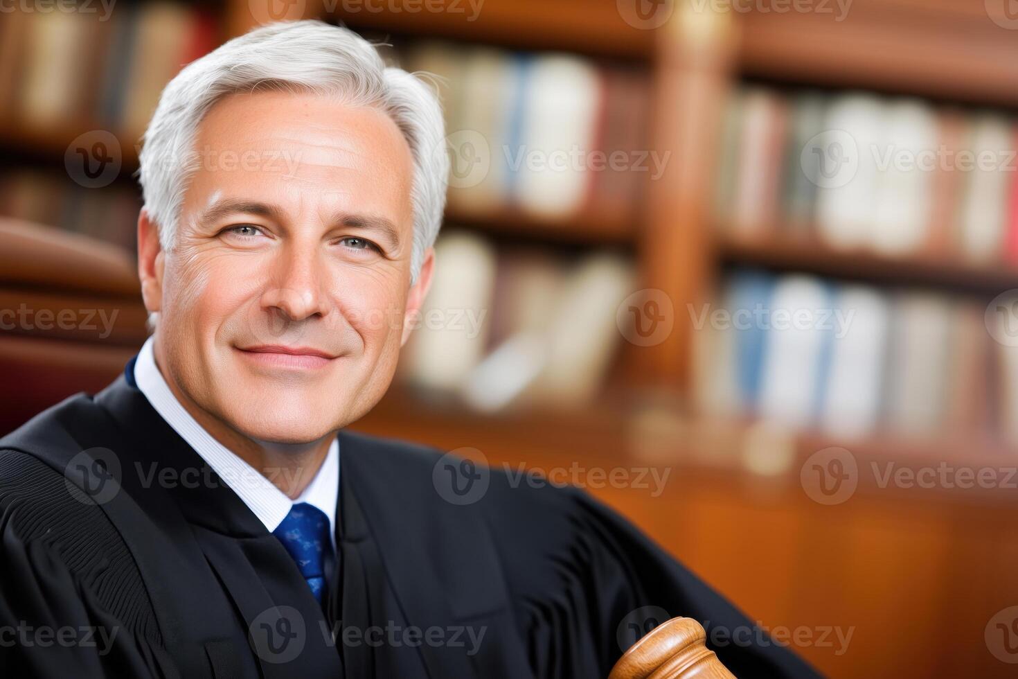 Judge in traditional black robe seated confidently in courtroom showcasing authority and professionalism photo