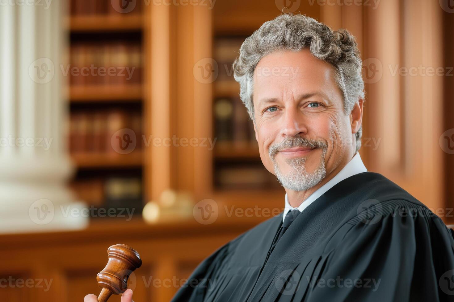 Judge in traditional black robe confidently overseeing courtroom proceedings with gavel in hand and authoritative demeanor photo