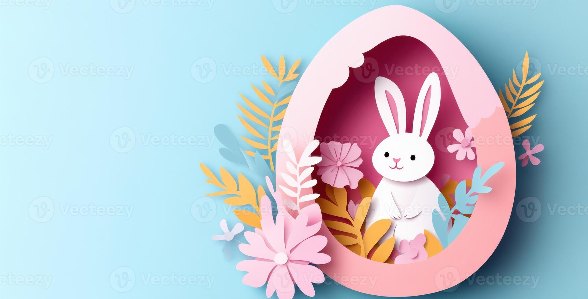 Beautiful multi-layered Easter paper cut composition featuring a cheerful bunny in an egg surrounded by colorful flowers and leaves photo