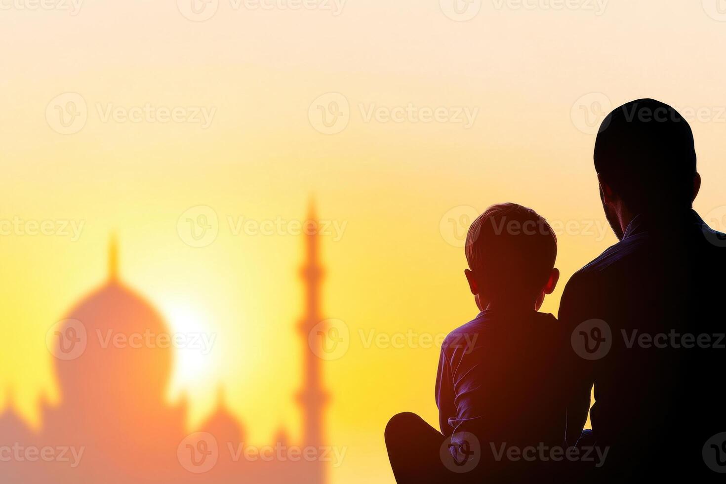 Father and child praying together at sunrise during Ramadan with mosque silhouette in serene light photo