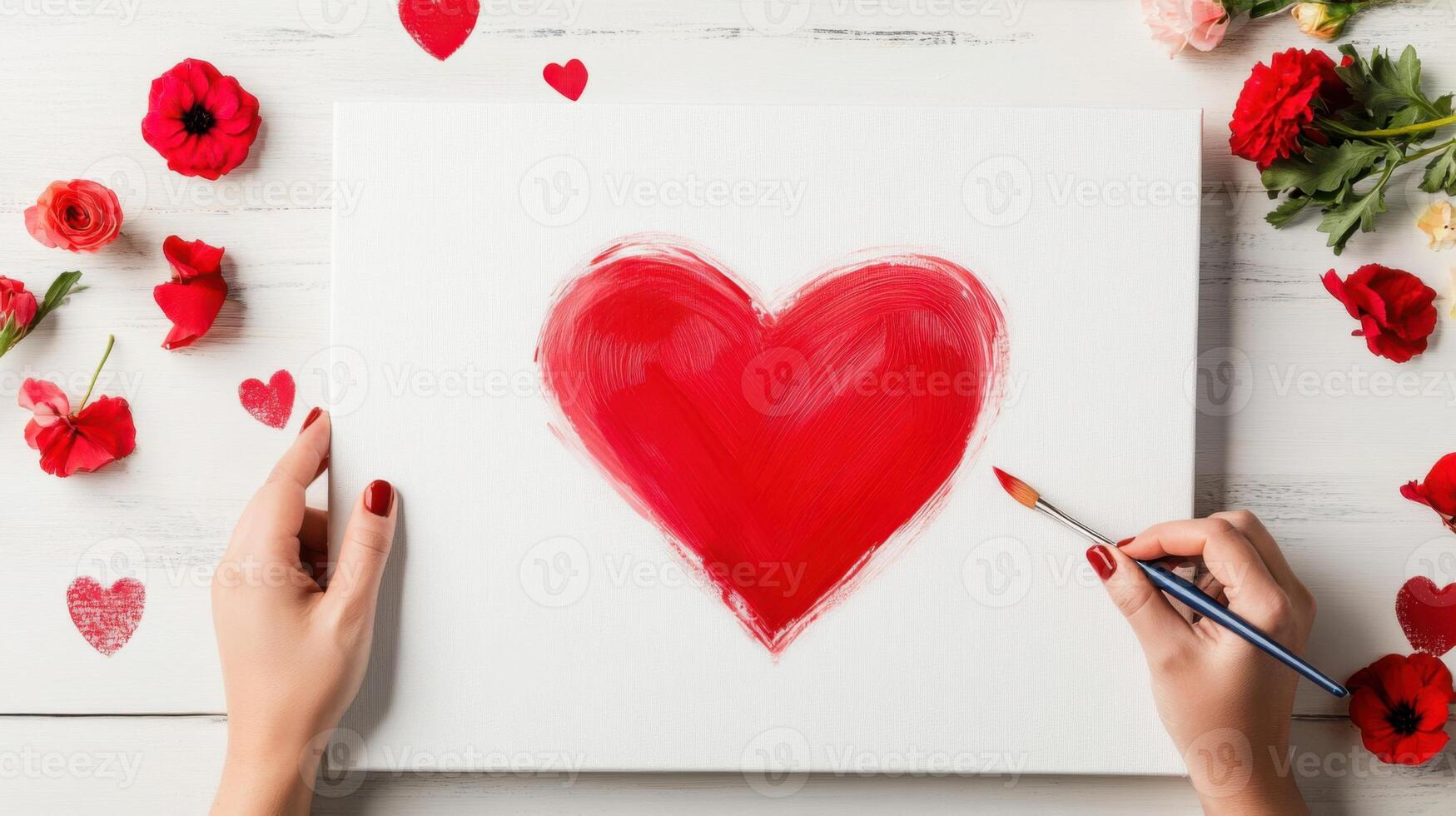 Diverse couple creating a vibrant Valentines Day heart painting together with flowers scattered around photo