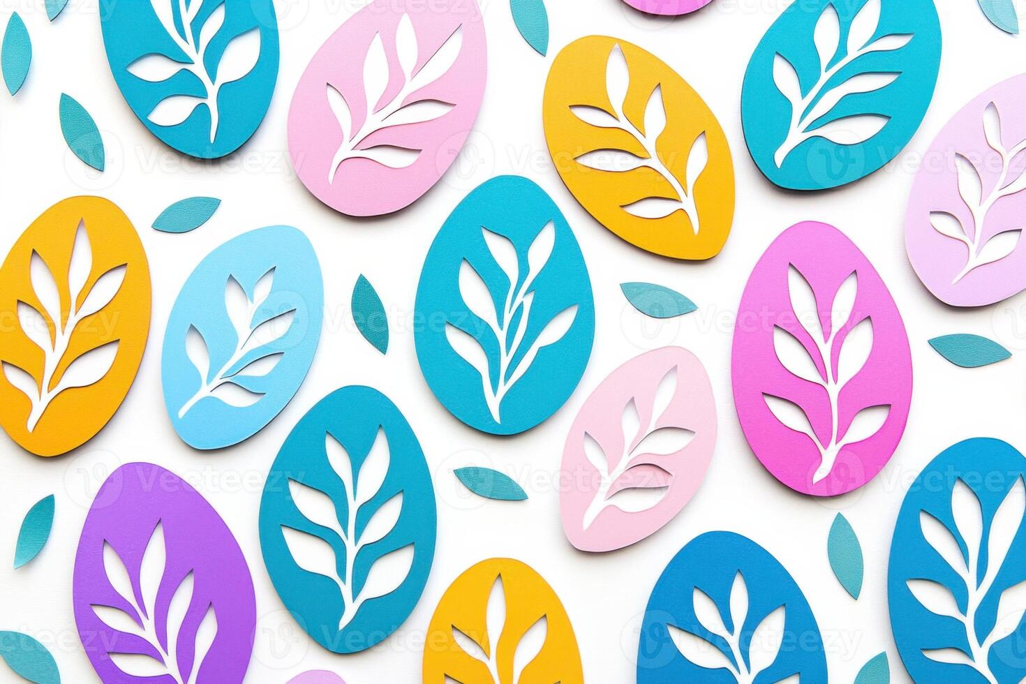 Beautiful Easter paper cut artwork features layered egg shapes with floral and bunny patterns in vibrant colors and soft shadows for a cheerful festive atmosphere photo