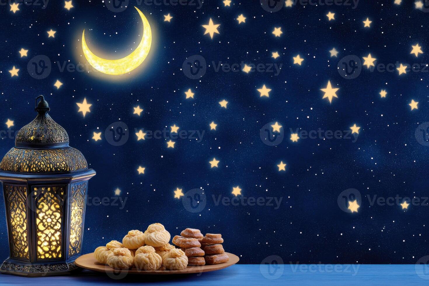 Night of Ramadan Kareem with a glowing crescent moon, ornate lantern, and a platter of traditional sweets under a starry sky photo