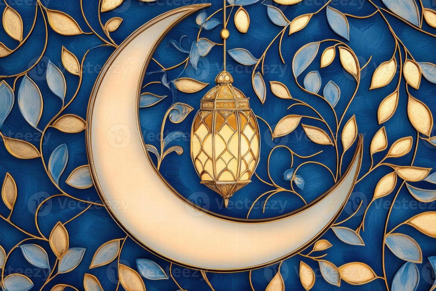 Beautiful crescent moon with ornate lantern showcased against rich blue backdrop featuring delicate Islamic patterns for Ramadan celebration photo