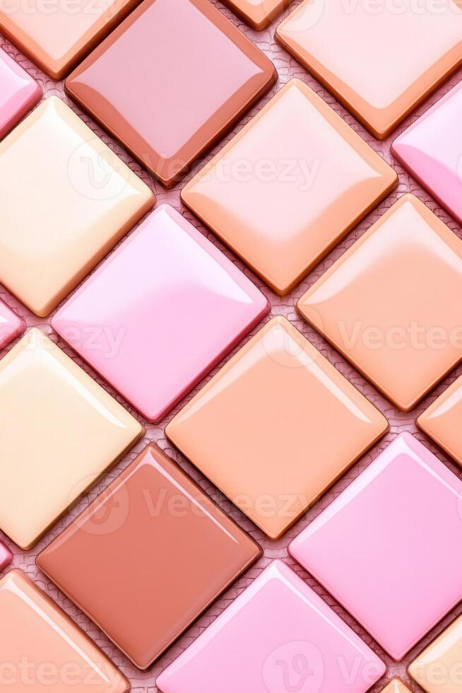 Elegant arrangement of smooth ceramic tiles in soft pink, dusty rose, and light cream shades creating a geometric pattern for a modern interior aesthetic photo