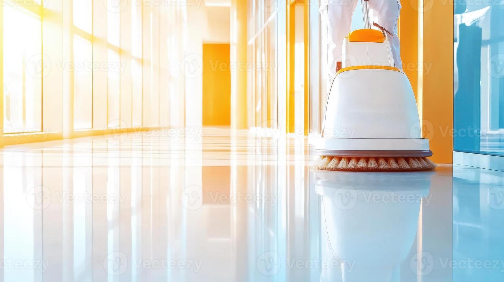 Janitor polishing a shiny hallway in a modern office building with large windows and bright natural light during the day photo