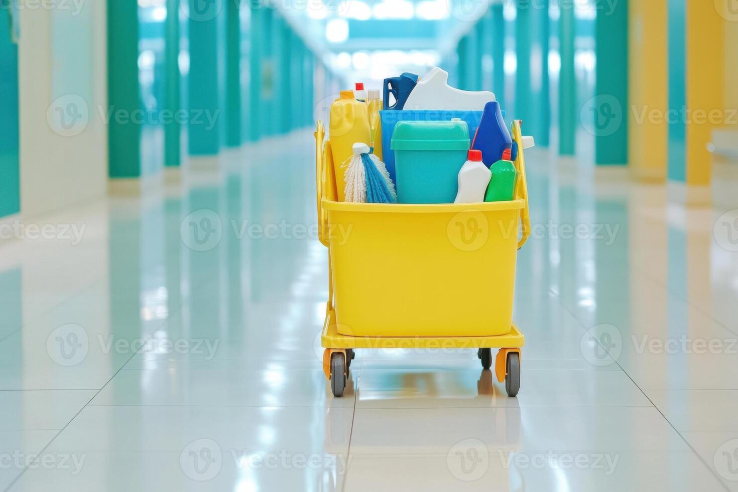 Cleaning cart filled with supplies positioned in bright shopping mall corridor during the day photo