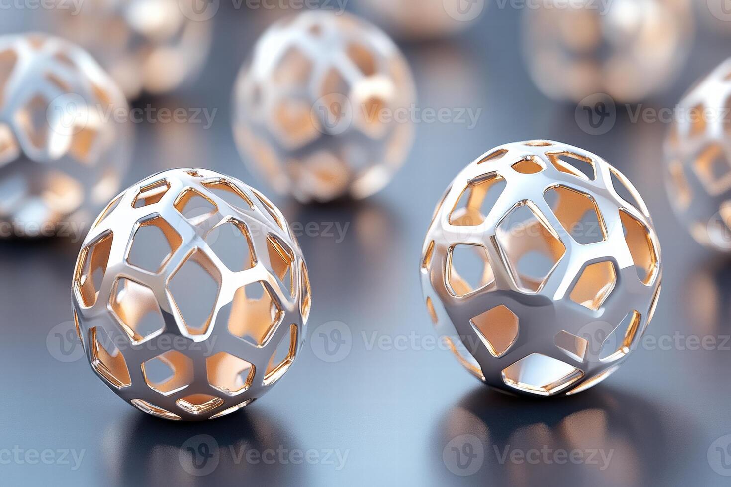Metallic 3D shapes in calming colors on a matte black surface create a striking visual contrast under dramatic lighting effects photo