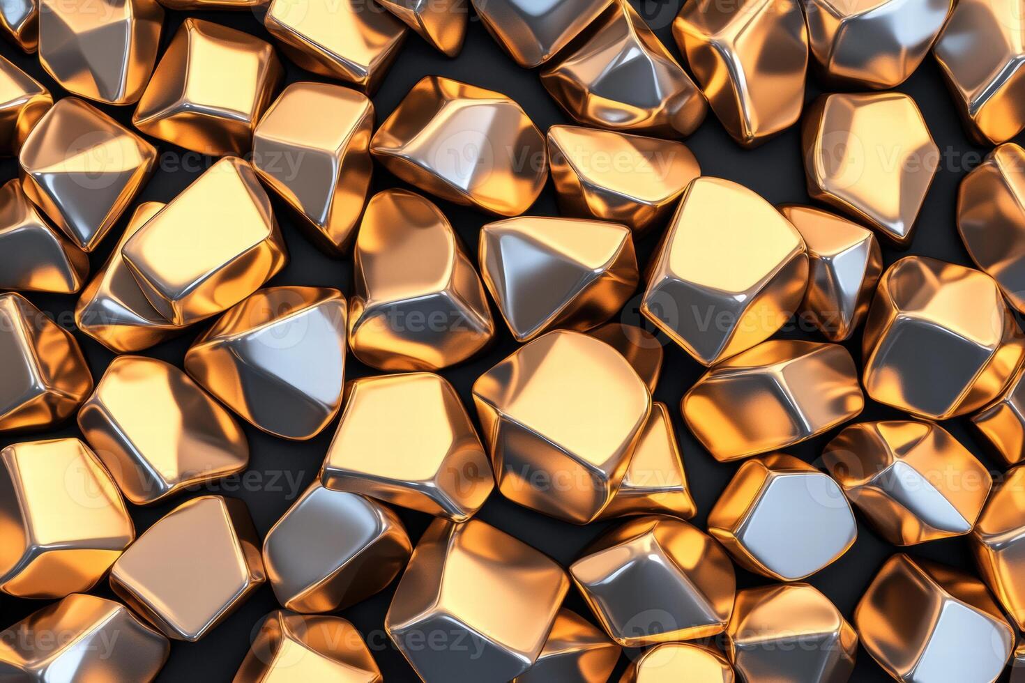 Metallic 3D shapes arranged on a matte black surface with dynamic lighting creating a striking visual effect photo