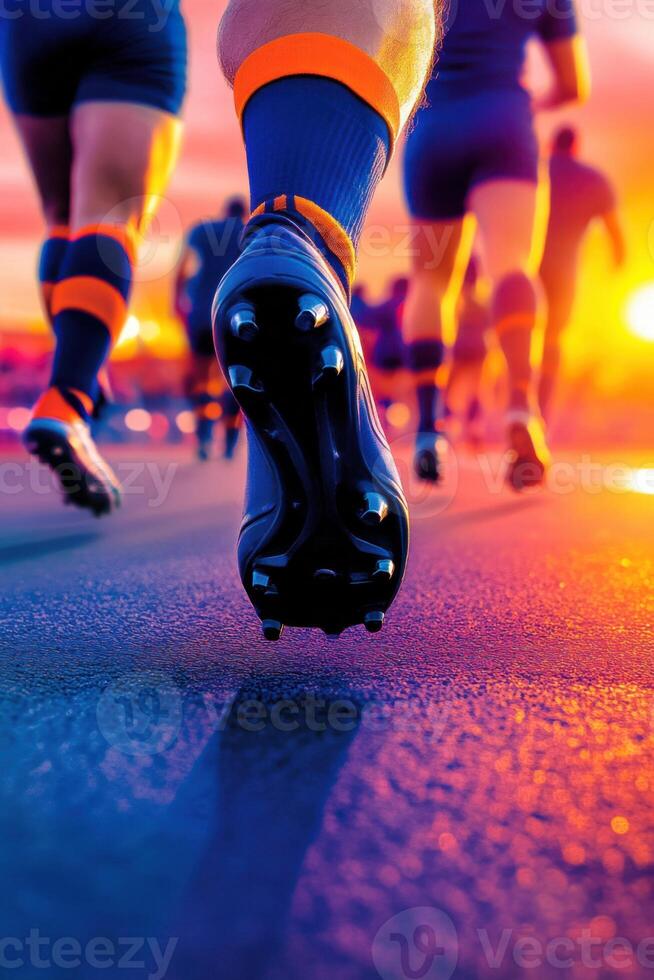 Dynamic athletes sprinting on track under vibrant sunset sky with deep red hues and bold energy photo