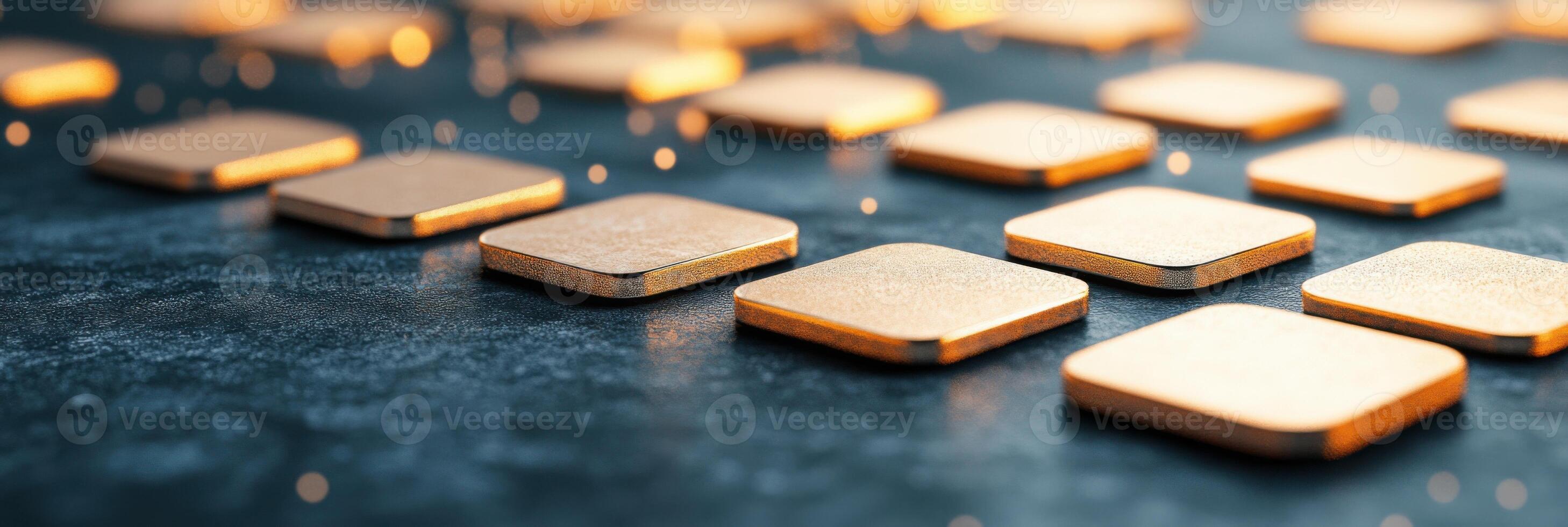 Metallic 3D shapes arranged on a matte black surface with dramatic lighting showcasing unique reflections and textures photo