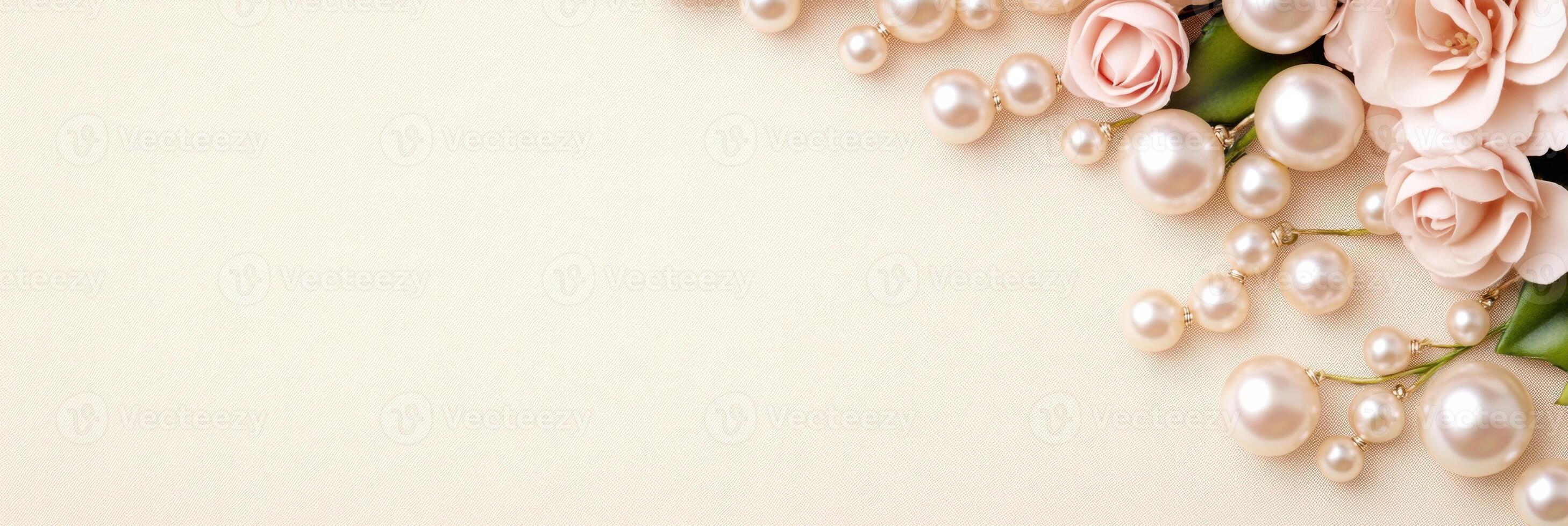 Pastel jewelry set featuring dusty rose pearls and soft pink accents delicately arranged on a light cream velvet board photo