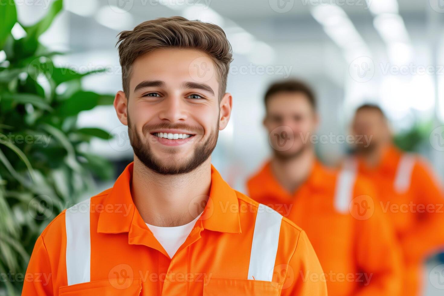 Professional cleaning team in orange uniforms working together in a modern office space with indoor plants photo
