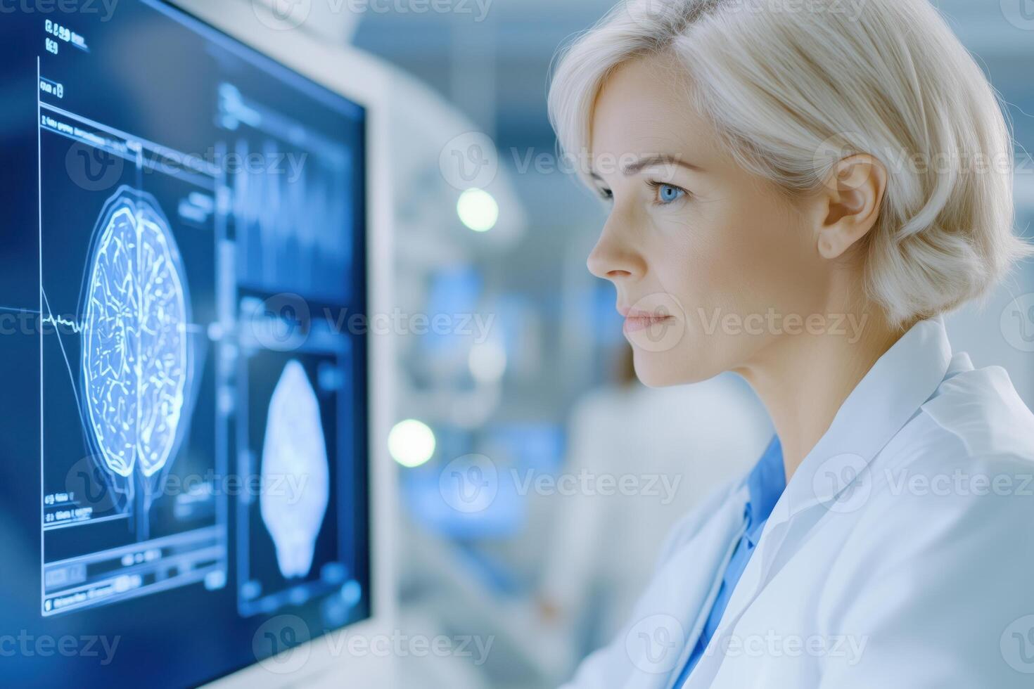 Diverse team collaborates on innovative AI solutions for healthcare in a modern technology meeting with interactive data displays photo