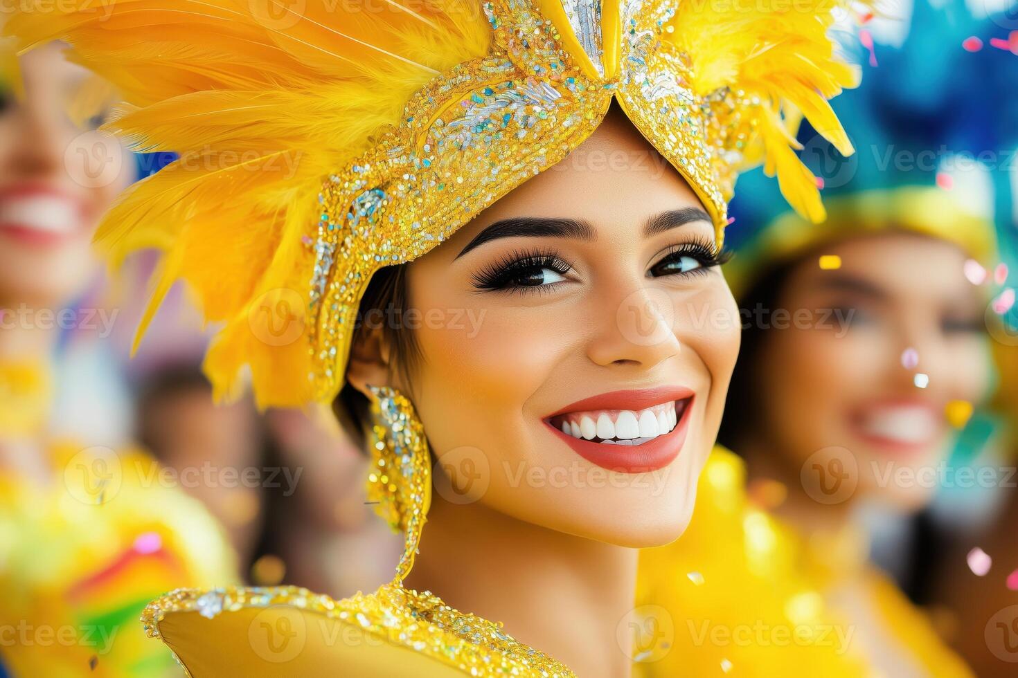 Vibrant performer in golden costume and feathered headdress celebrates at Brazil Carnival amidst colorful floats and confetti photo
