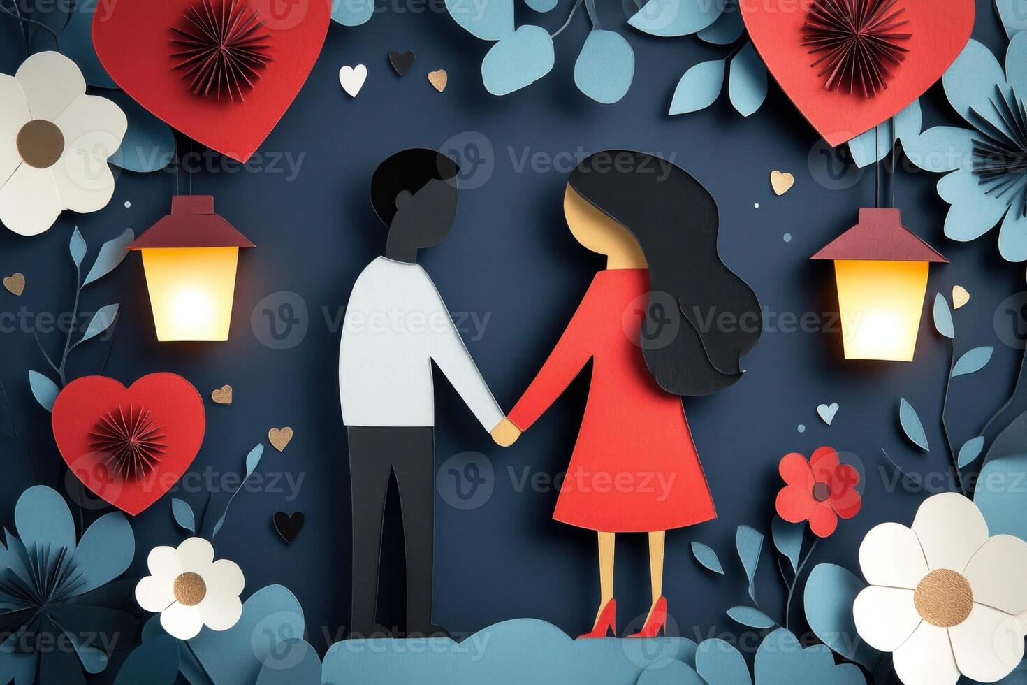Beautiful paper cut art showcasing a diverse couple holding hands for Valentines Day, surrounded by floral hearts and glowing lanterns in a layered design photo