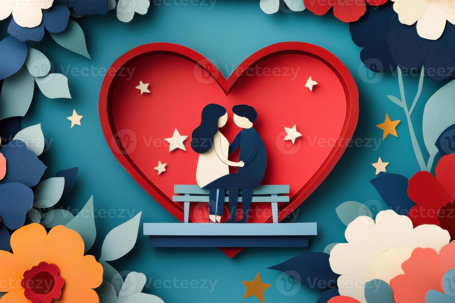 Artistic paper cut design featuring diverse couple on a bench surrounded by a heart-shaped floral frame for Valentines Day celebration photo