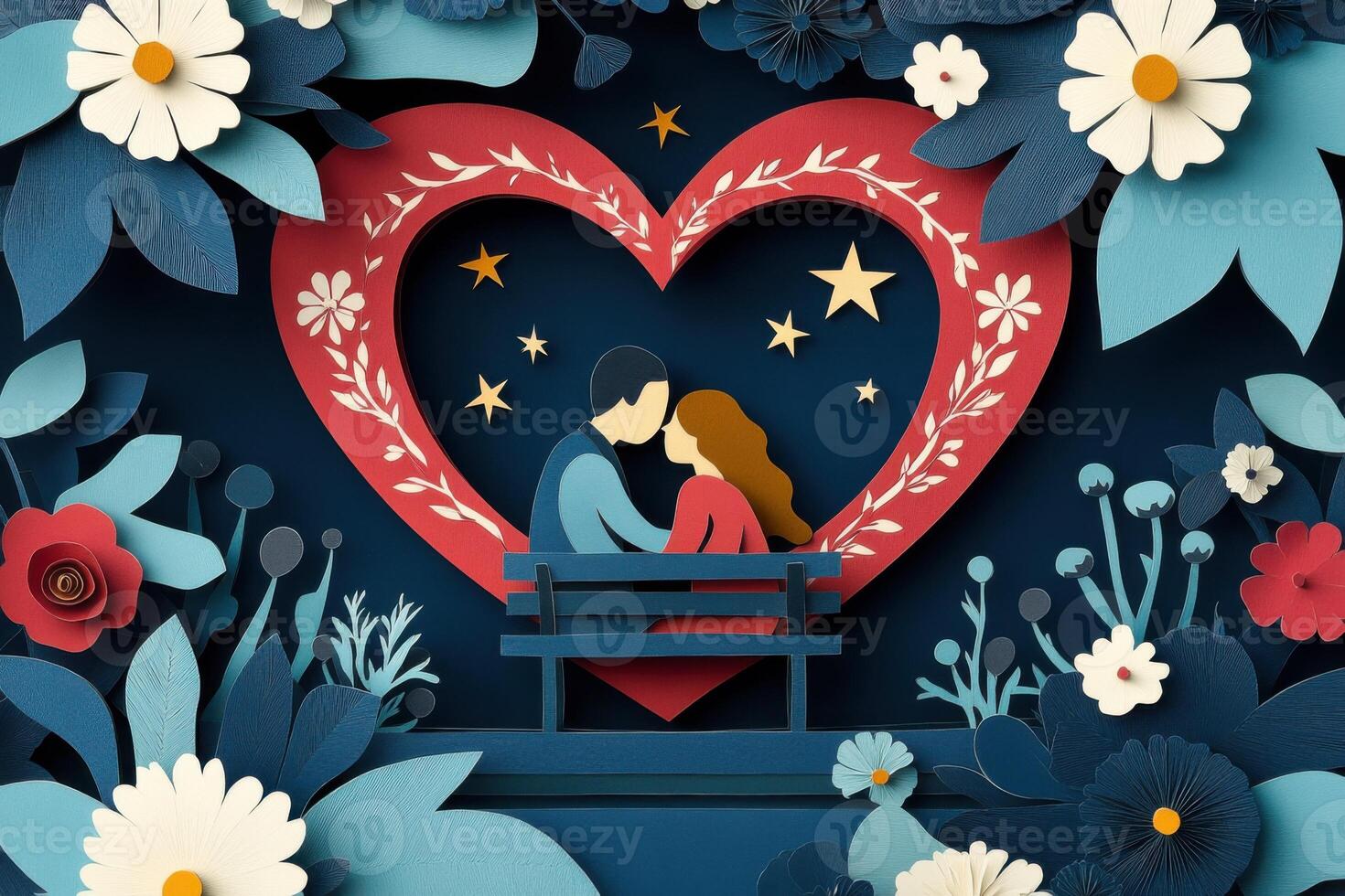 Diverse couple enjoying a romantic moment on a bench surrounded by a colorful layered heart-shaped floral frame and stars to celebrate Valentines Day photo