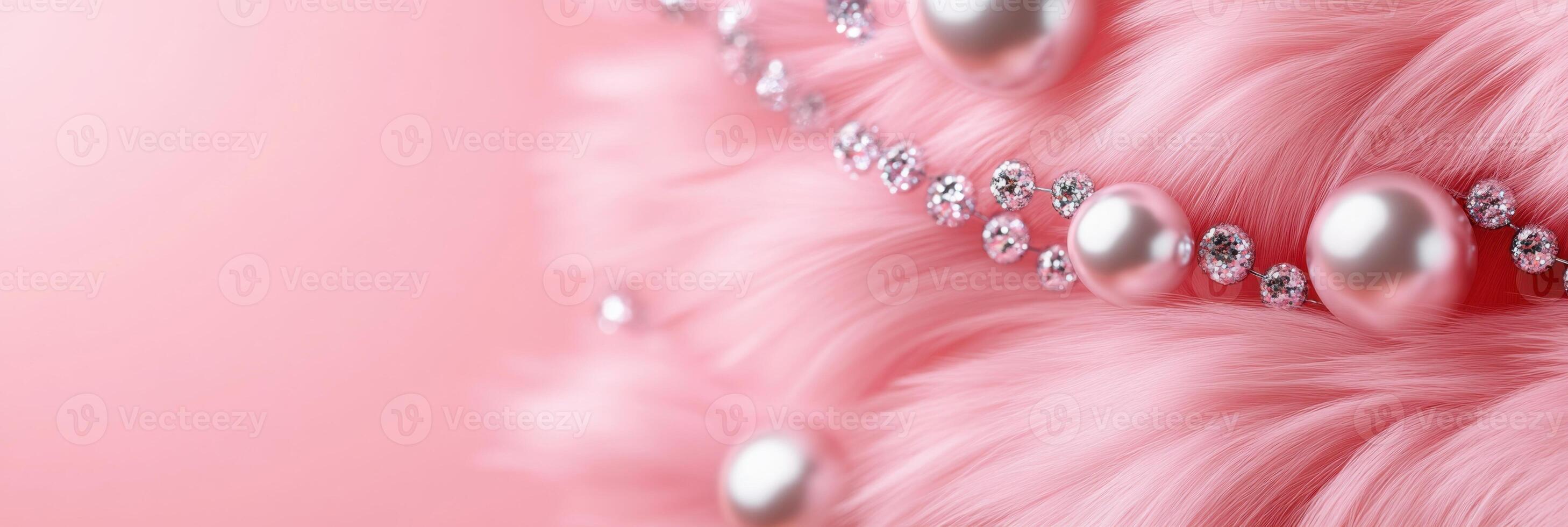 Fluffy pink background decorated with pearls and shimmering glitter for a glamorous touch photo
