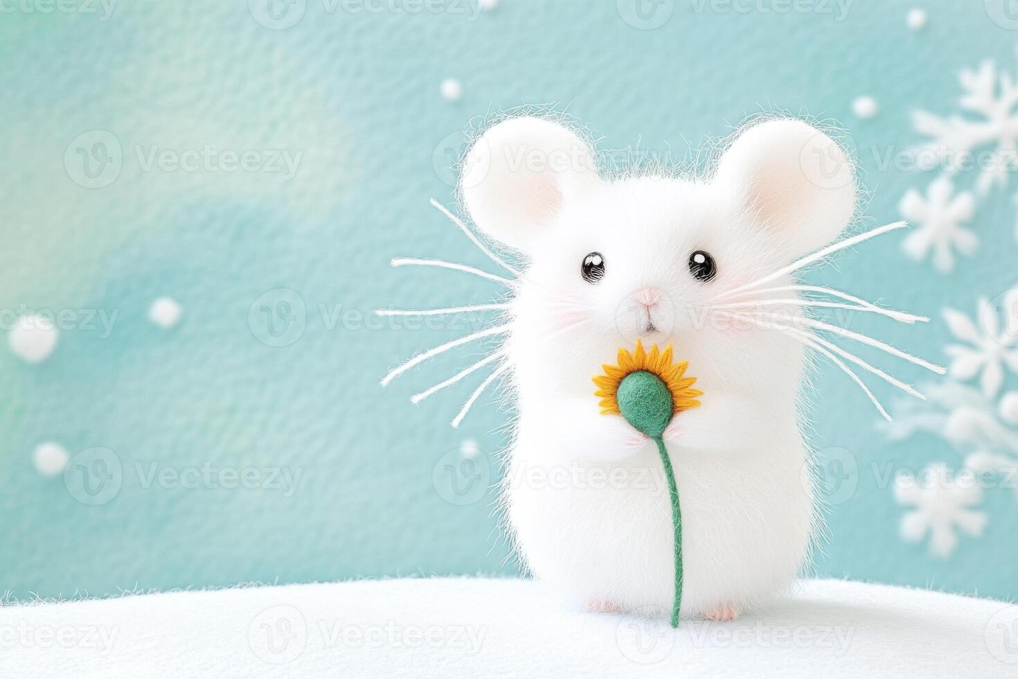 Fluffy white hamster holds a sunflower seed in a dreamy pastel winter setting with soft felt-textured snow photo