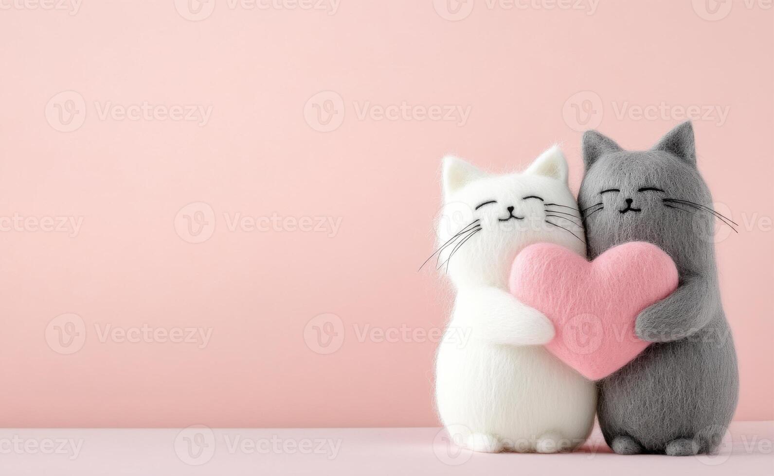 Felted miniature figures of a white cat and a gray cat holding a pink heart against a pastel background capturing a moment of affection photo