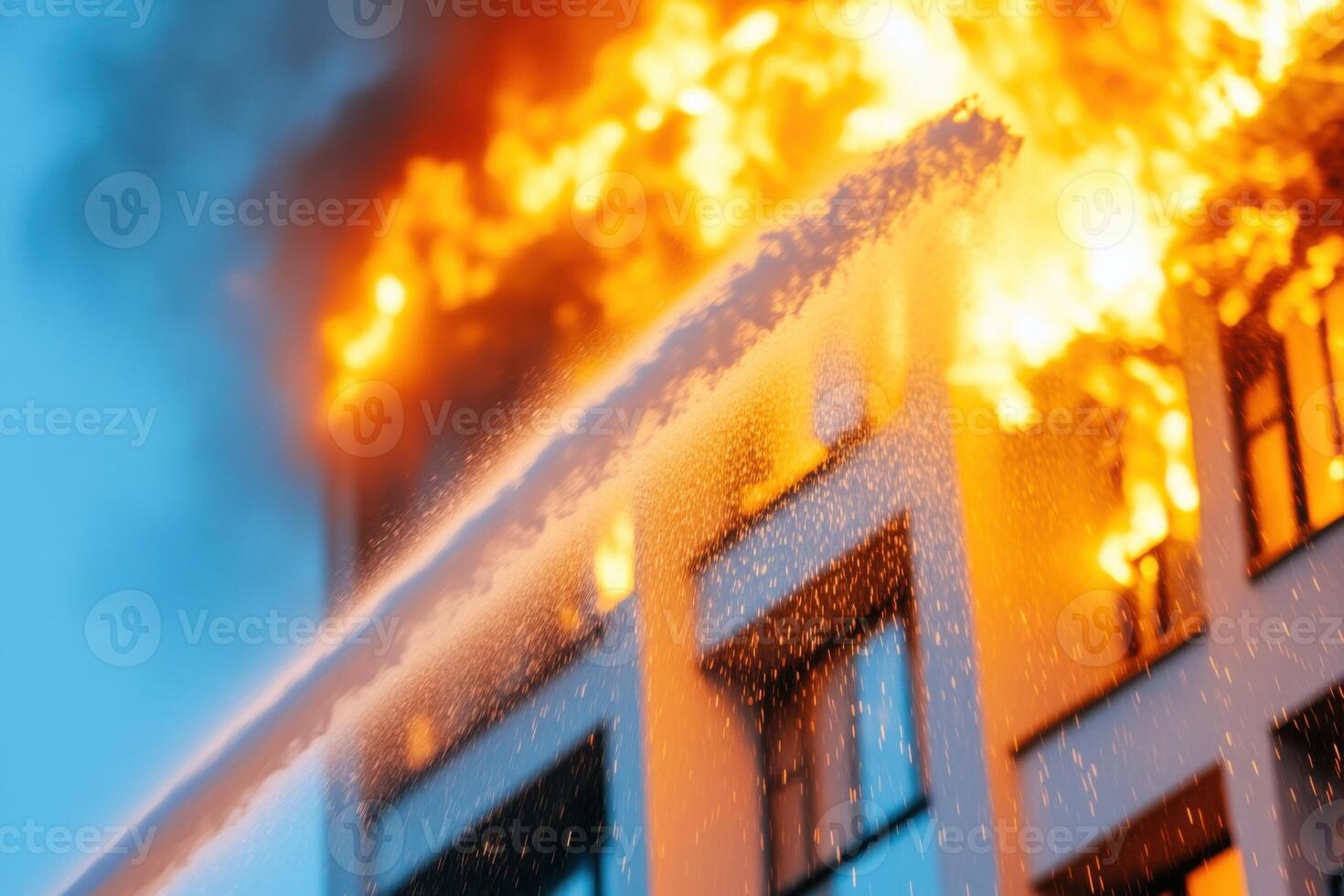 Nighttime fire engulfs apartment building while firefighters battle flames with hoses from ladders photo
