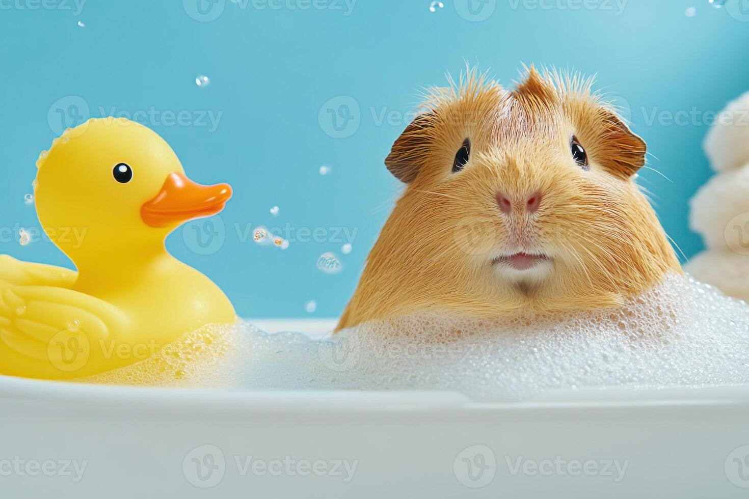 Guinea pig enjoys a relaxing bath in a sink with soapy water and a rubber duck surrounded by spa accessories photo