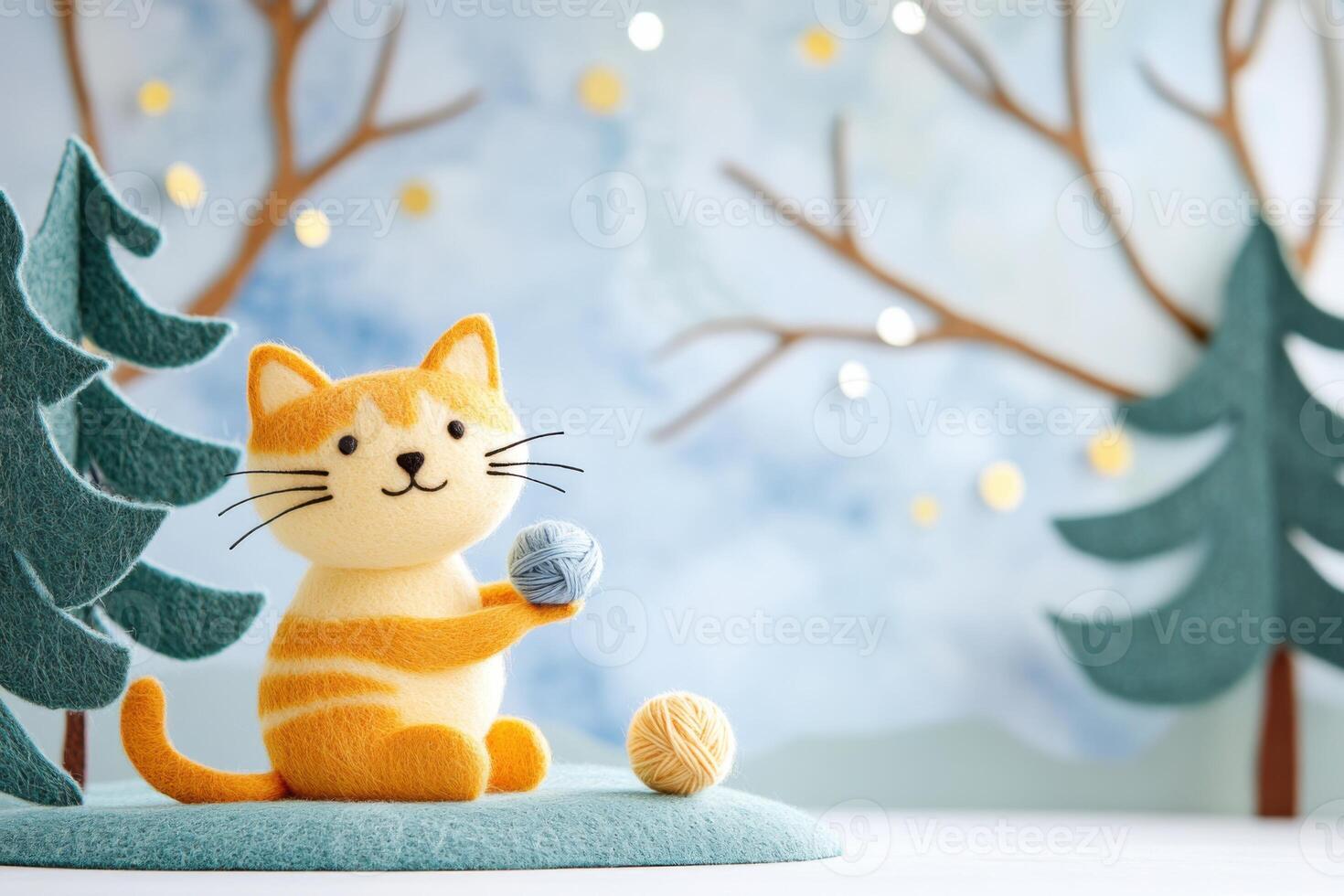 Playful orange tabby cat felted figure holding a yarn ball on a pastel felt-textured surface in a charming outdoor setting photo