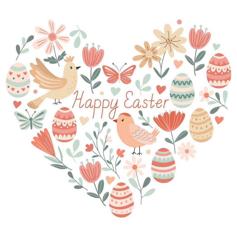 Happy Easter heart shaped greeting card with colorful eggs, bird and flowers. Illustration and lettering in hand drawn flat style, pastel colors. vector