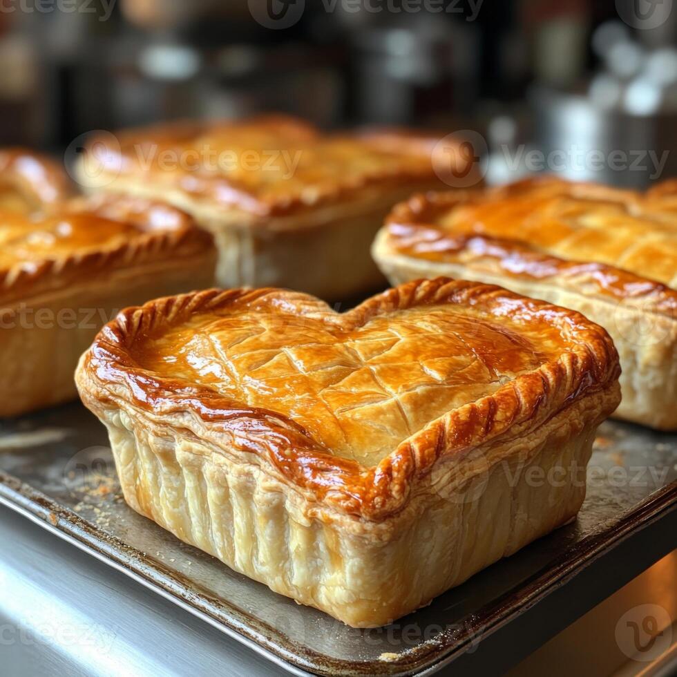 Heart shaped mini pie displayed on a baking tray showcases a golden crust with intricate patterns, appearing ready for tasting, perfect for special occasions or celebrations photo