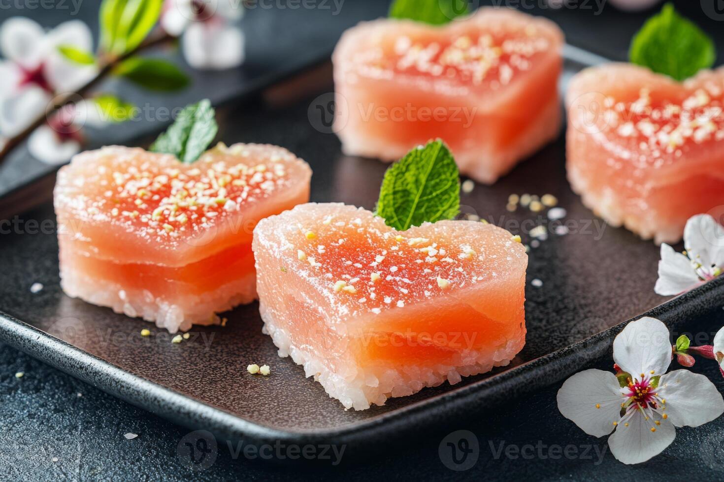 Heart shaped sashimi served on a black plate garnished with mint leaves and surrounded by delicate flowers, highlighting the creativity of Japanese cuisine and the art of sushi making photo