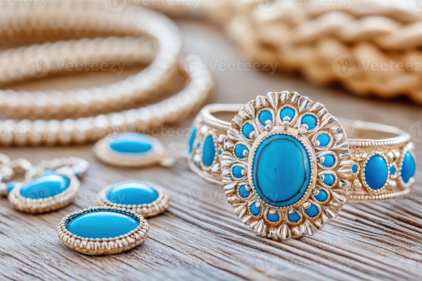 Traditional Native American jewelry featuring turquoise stones displayed on rustic wooden surface with soft natural lighting photo