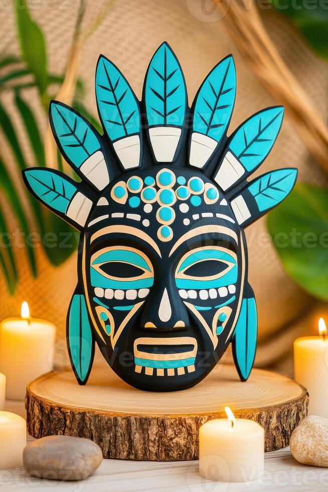 Ceremonial Native American mask with turquoise inlays displayed on wooden platform surrounded by candles and earthy stones photo