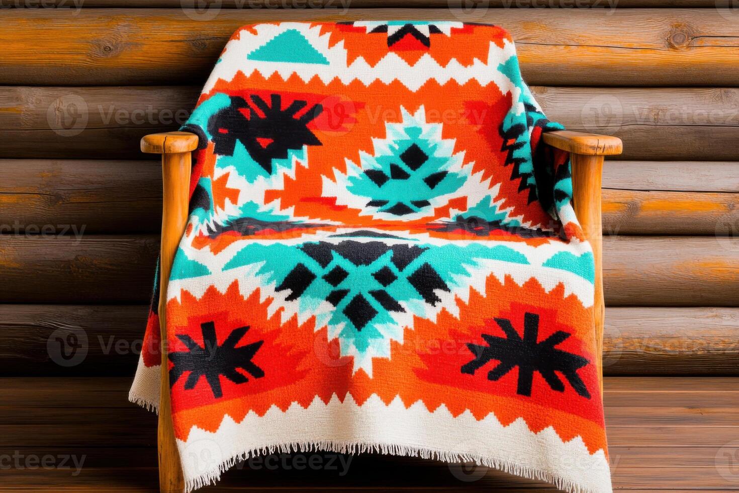 Traditional Native American blanket with vibrant geometric patterns draped over a wooden chair in a rustic setting photo