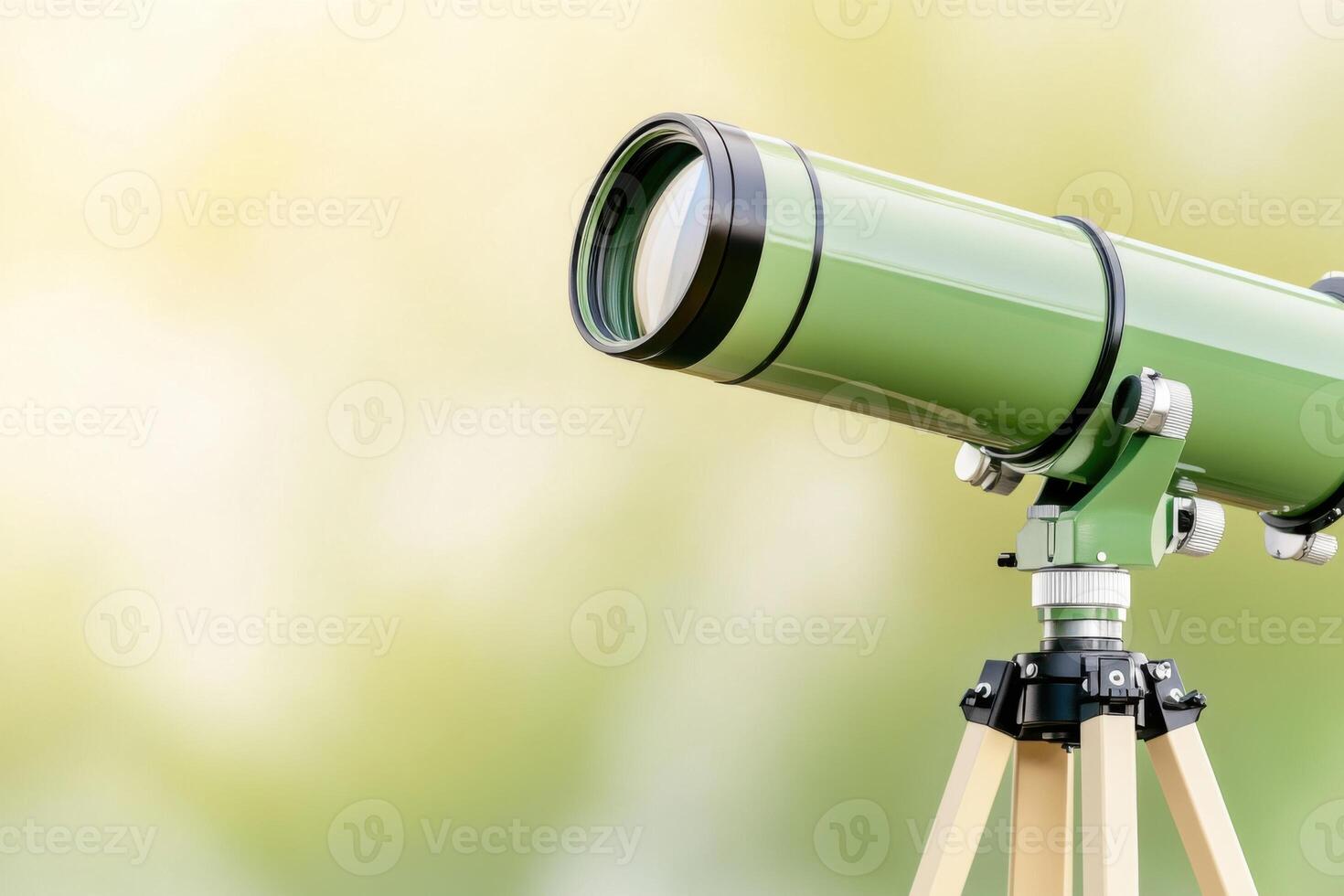 Exploring the night sky with a sage green telescope on a beige stand under a subtle star-filled cream sky photo
