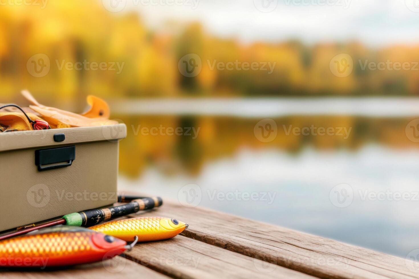 Fishing gear arranged on a dock with olive-brown tackle box and colorful lures during autumn photo