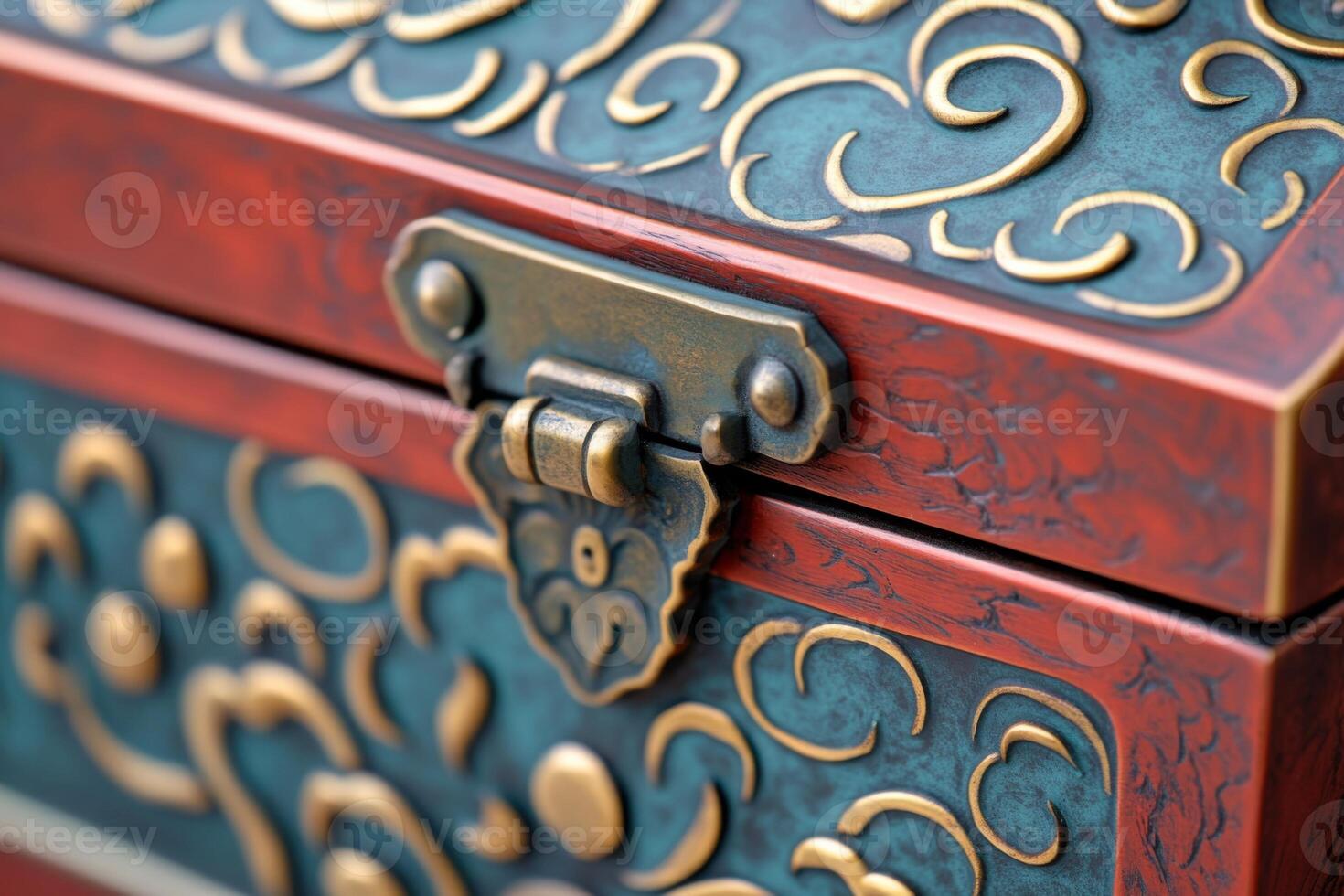 Intricately designed dark red metallic chest with olive accents and muted bronze details, showcasing unique craftsmanship and decorative elements photo