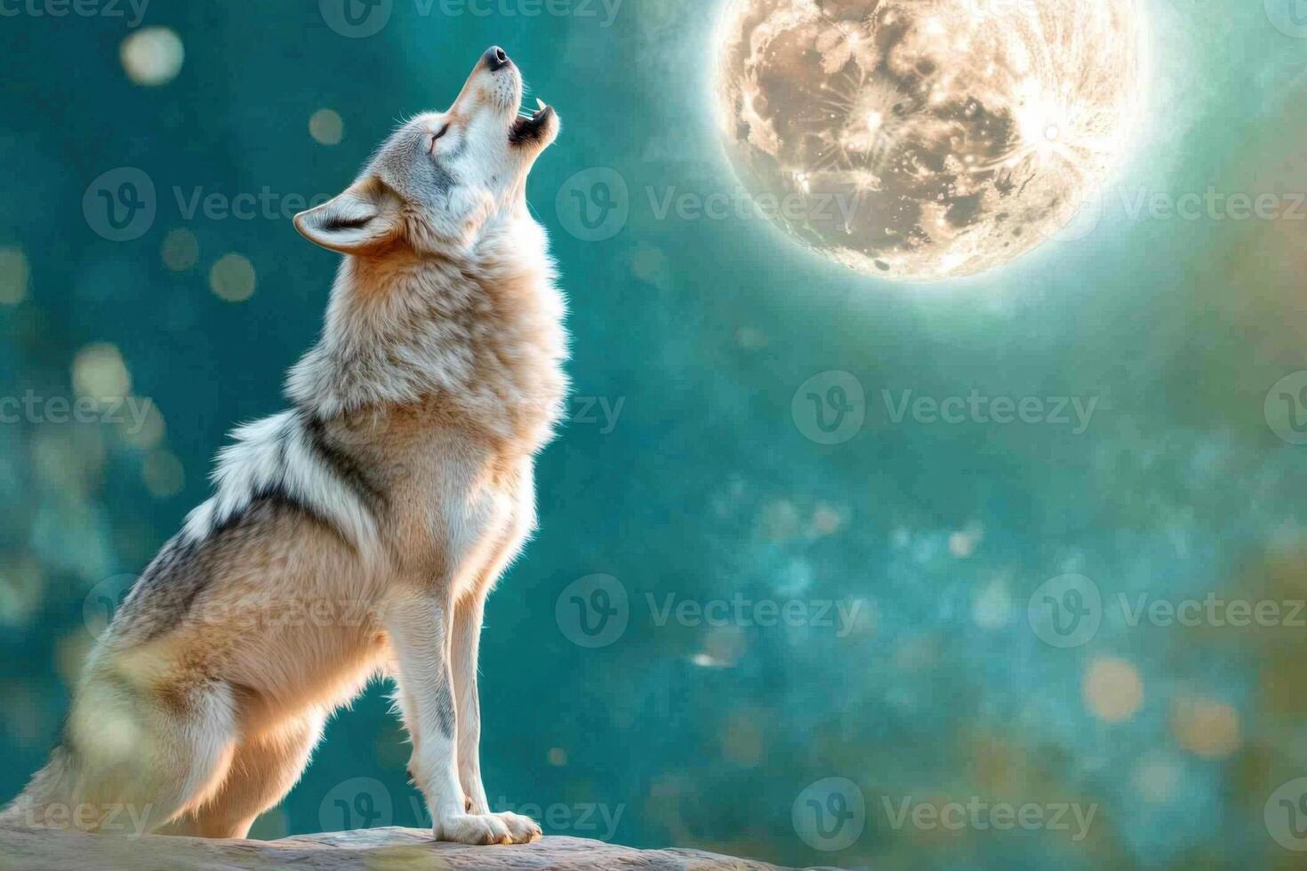 Wolf howls at a deep blue moon above a terracotta horizon surrounded by soft green mist during a tranquil night photo