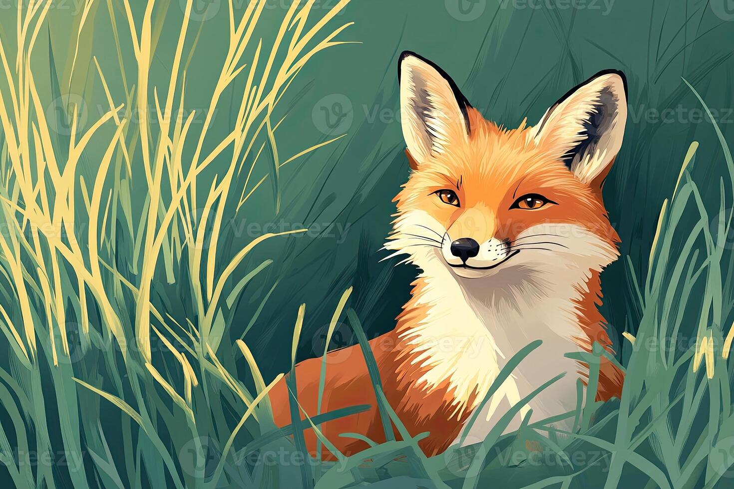 Fox resting peacefully in a sage green meadow surrounded by tall grass at golden hour photo