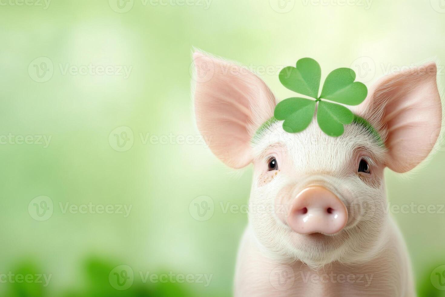 Piglet wearing a green clover headband poses in a lush meadow with soft natural lighting on a sunny day photo