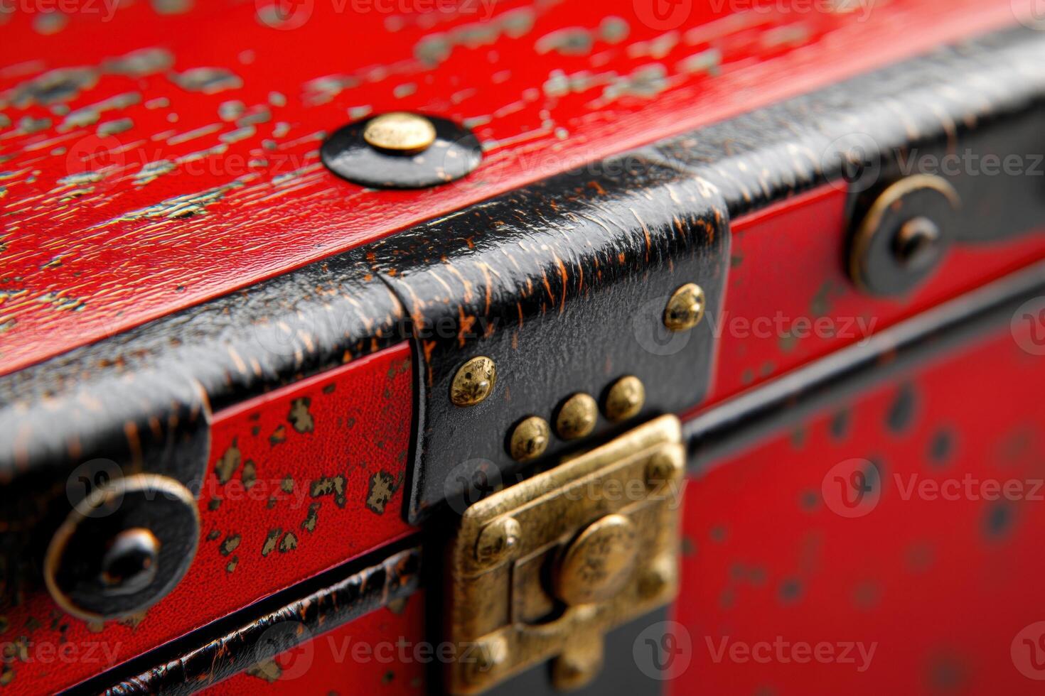 Dark red metallic chest with olive accents and muted bronze details enhances the ambiance of any vintage or rustic decor photo