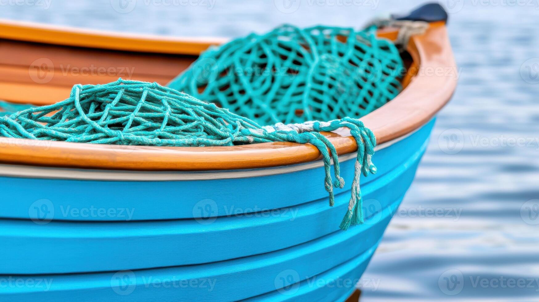 Bright blue fishing boat showcasing warm wooden trim and olive-green nets, resting serenely on calm waters photo