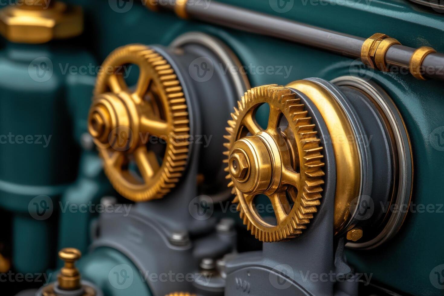 Vintage engine featuring dark gray gears and sage green paint with bordovy pipes, showcasing intricate design elements commonly used in classic mechanical equipment photo