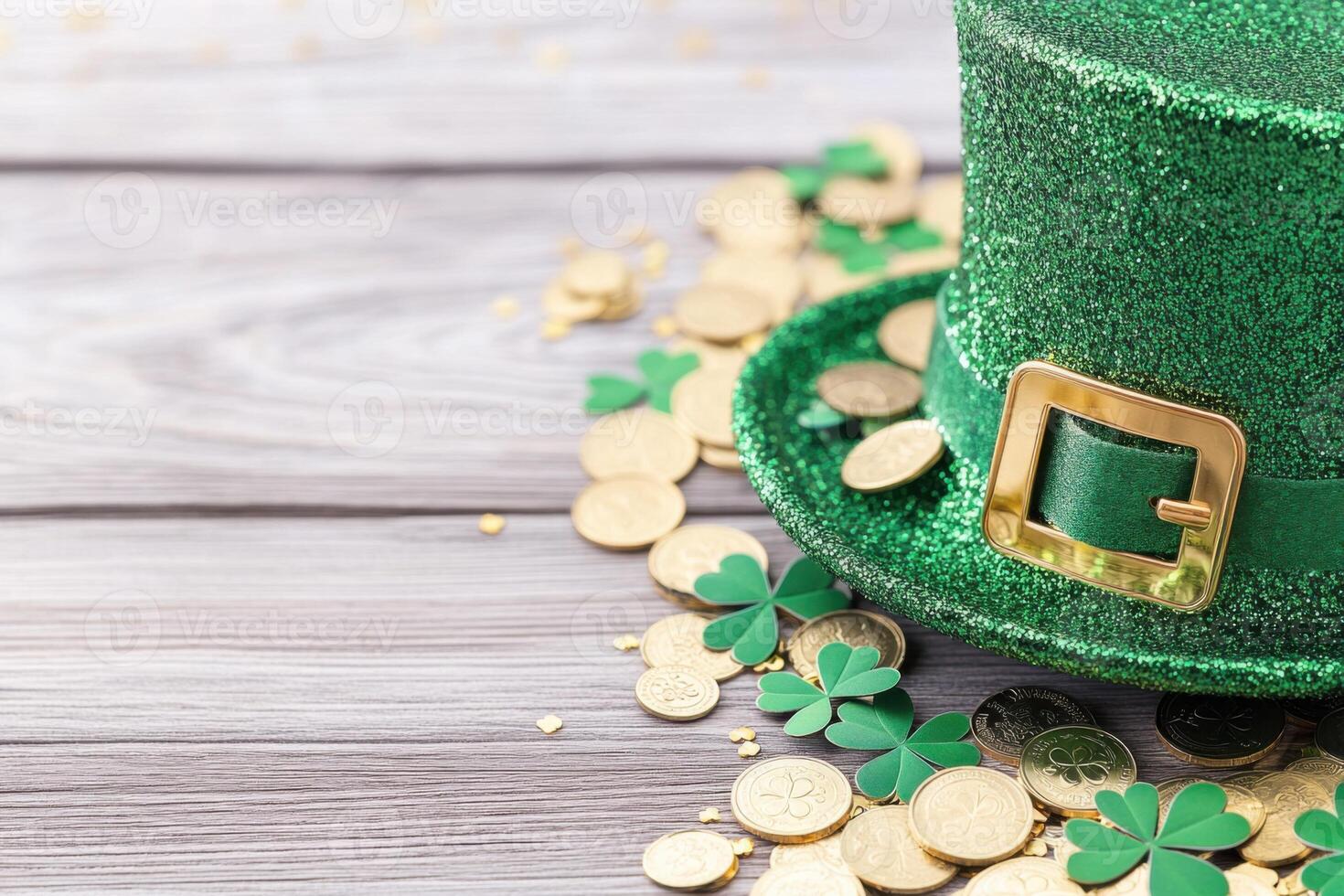 Shiny green leprechaun hat with golden buckle and scattered gold coins and shamrocks on a wooden table for festive celebrations photo