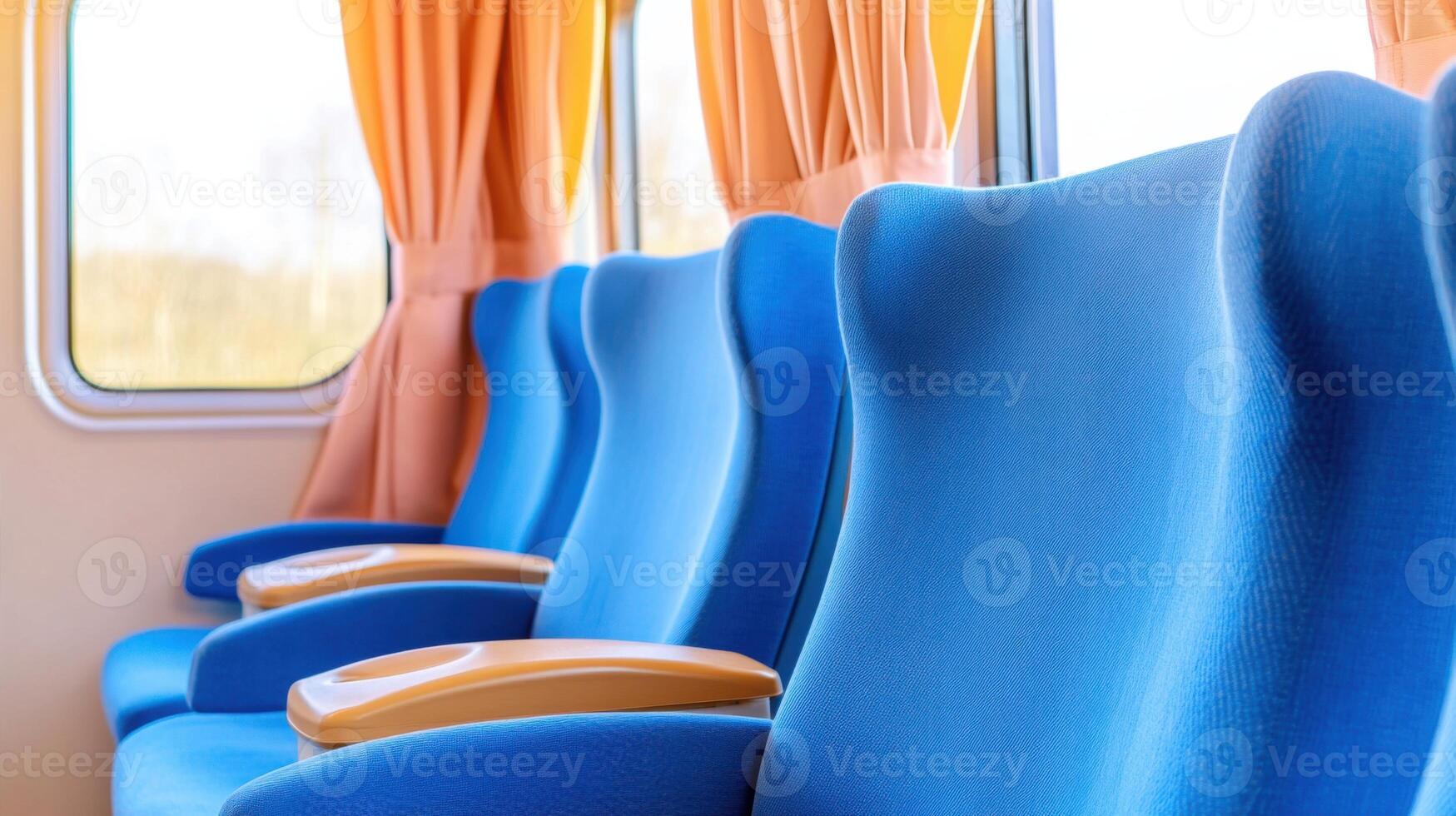Train car interior featuring deep blue seats, dusty pink curtains, and brown tables in a comfortable and inviting setting photo