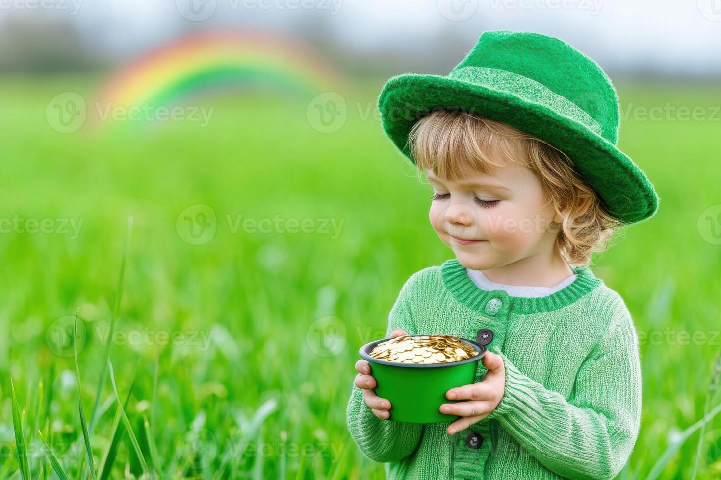 Child dressed as a leprechaun celebrates St. Patricks Day with a pot of gold in a vibrant green field under a colorful rainbow photo