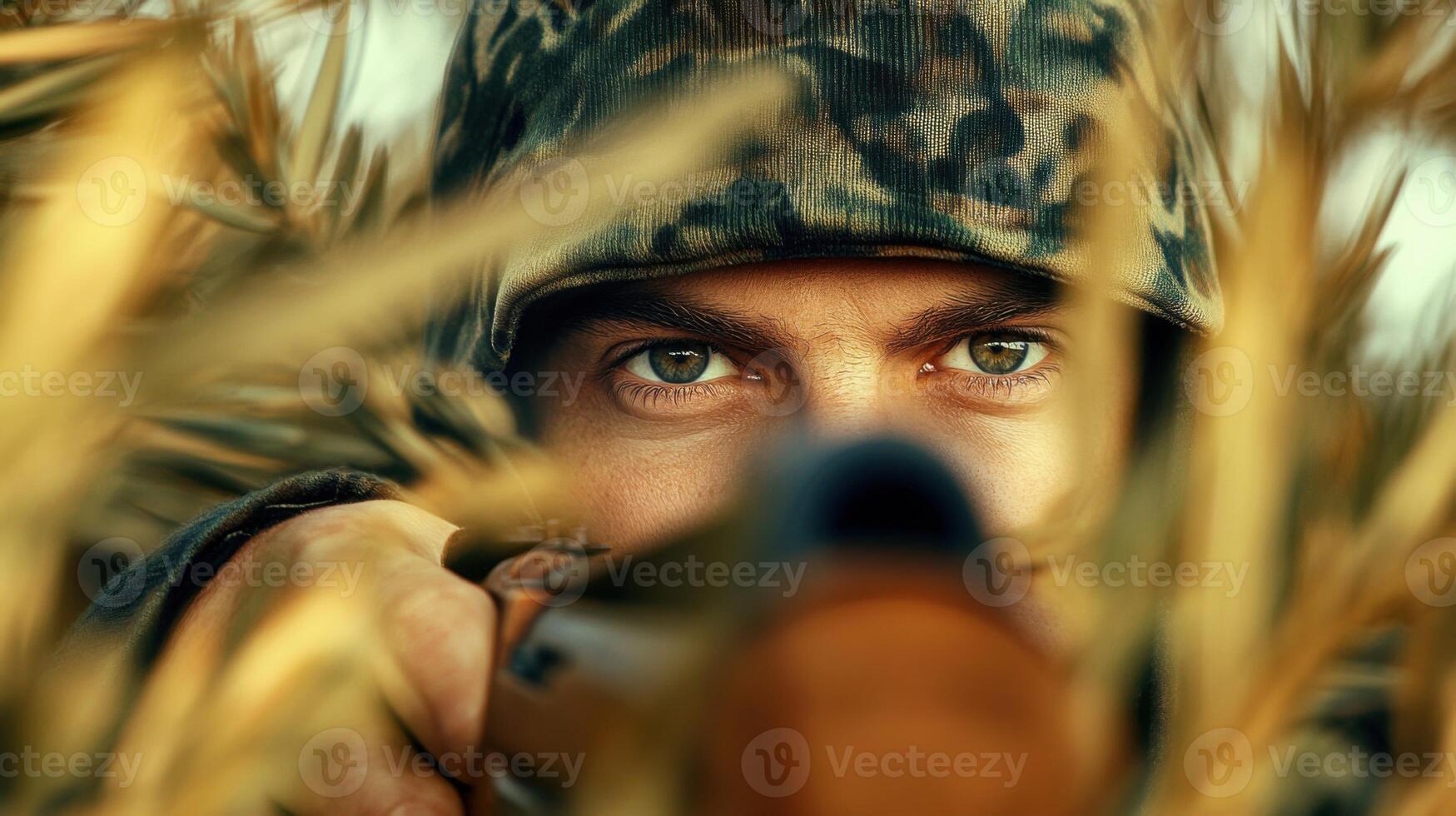 Hunter in dark green camouflage aiming a wooden rifle in an olive forest during early morning light photo